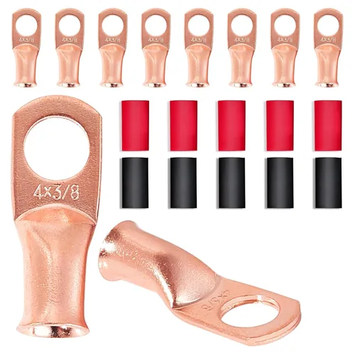 RED WOLF Terminales de alambre de cobre 4 AWG 3/8 pulgadas, conectores de cable de batería, conector de cobre, 10 unidades, con tubo termorretráctil