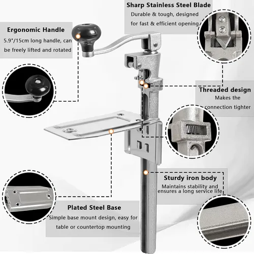Vista 4 de Abrelatas comercial resistente, abridor manual ajustable con 2 cuchillas y base de acero chapada, se adapta a latas de hasta 10 pulgadas de alto