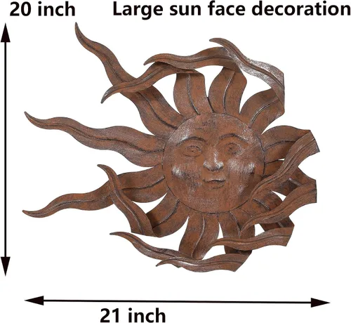 Vista 7 de Decoración de pared de sol de metal de 21 pulgadas de ancho grande Sunface decoración al aire libre