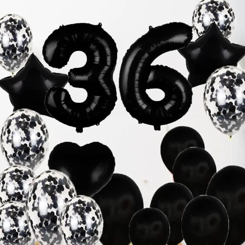 Vista 5 de Decoraciones de cumpleaños número 36, suministros de fiesta, globos negros del número 36, globos de aluminio de Mylar 36, decoración de globos