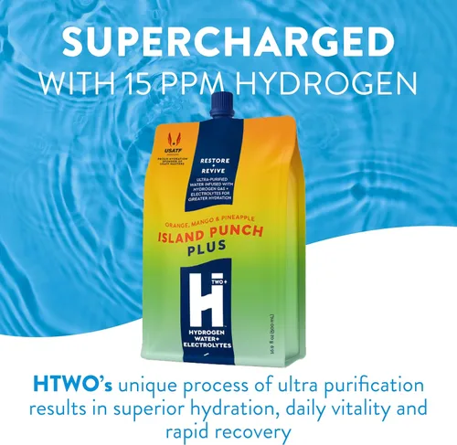 Vista 3 de HTWO Plus Agua de hidrógeno molecular con electrolitos, sabor a isla ponche, paquetes de hidratación sin azúcar, paquete de 6 unidades de 16.9
