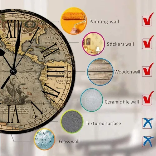 Vista 7 de Reloj de pared redondo de madera de estilo rústico, mapa del mundo retro, números romanos, reloj de madera, funciona con pilas, silencioso, sin