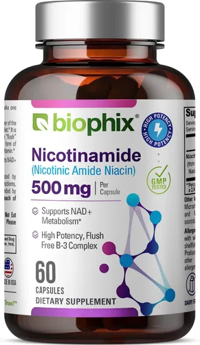 biophix B-3 Nicotinamida 500 mg 60 cápsulas - Fórmula de Vitamina Natural Flush-Free de Amida Nicotínica Niacina - Apoya la Salud de las Células de