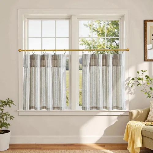 Vista 91 de jinchan - Cortinas de lino a rayas para cocina de 20 pulgadas de largo, cortinas de varios niveles, estilo granja moderna de café, tratamientos