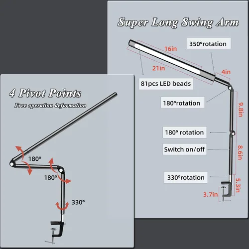 Vista 3 de Aluminum LED Desk Lamp with Super Long Arm, Adjustable Nails Light for Desk, Pro Nail Desk Lamp with 2 in 1 clamp, Suitable fo Nail Beauty, Home