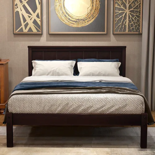 Vista 24 de Elegante cama de plataforma de tamaño Queen con cabecero, plataforma de madera maciza con soporte de listones de madera para dormitorio