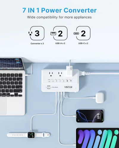 Vista 6 de VINTAR Convertidor de voltaje de onda sinusoidal pura de 600 W de 220 V a 110 V de EE. UU. a Europa, adaptador de viaje universal con enchufe