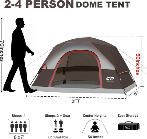 Vista 2 de CAMPROS CP Tents for Camping 2/4/6 Person Tent Waterproof Windproof Double Layer Camping Tent, Easy Setup Dome Tent with Large Mesh Windows & Wider