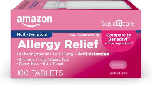 Amazon Basic Care Alivio de la alergia difenhidramina HCl 25 mg, tabletas antihistamínicas para los síntomas debido a la fiebre del heno y alergias