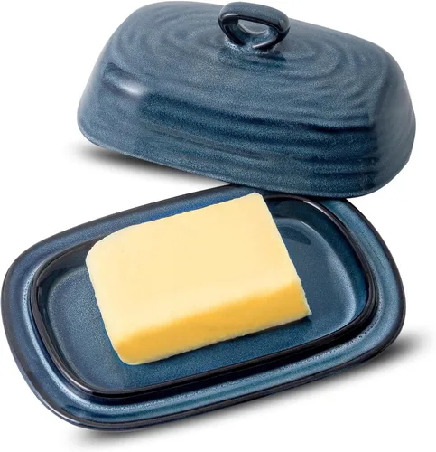 Mantequillera con tapa, soporte de cerámica para mantequilla con tapa y asa para encimera, recipiente de mantequilla de porcelana para mantequilla