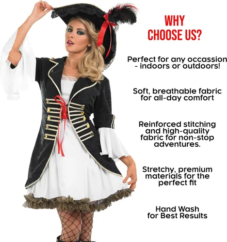 Vista 6 de fun shack Pirate Costume Women's Deluxe Buccaneer Outfit with Corset Jacket, Dress, Hat