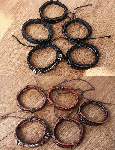 Vista 2 de Leather Beaded Bracelet for Men Punk Gothic Cuff Men's Skull Bracelet Obsidian Tiger eye Bracelet Men's Spiritual Gift