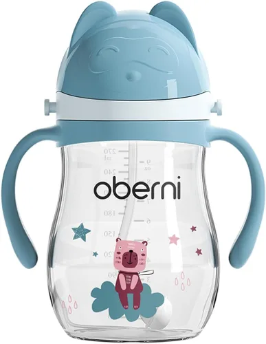 Oberni Vasos para beber a prueba de fugas, botella de agua de doble sellado sin derrames, con popote pesado y mango antideslizante para niños de 1 a