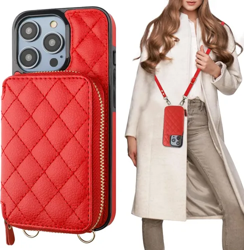 Vista 10 de Bocasal Funda tipo cartera cruzada para iPhone 14 Pro, con bloqueo RFID, de piel sintética, con cremallera, funda tipo cartera con función atril