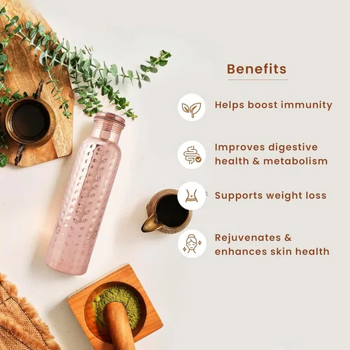 Vista 5 de Botella de agua de cobre puro con bolsa de yute, extragrande, recipiente para beber, bebe más agua, botella para beneficios de salud, hogar