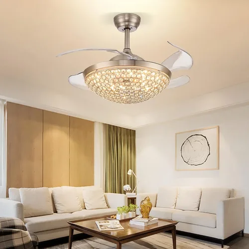 Vista 3 de Ventiladores de techo de cristal de 42 pulgadas, ventilador de techo remoto con luces LED regulables, modernos candelabros de cristal