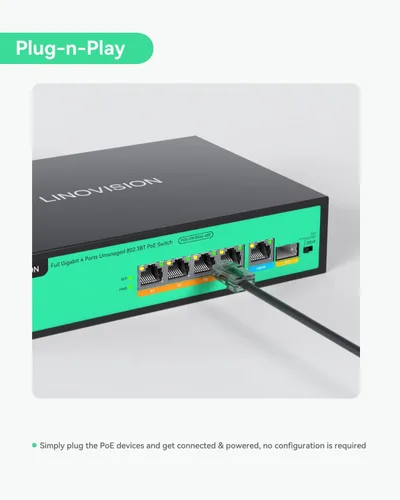 Vista 7 de LINOVISION Interruptor Full Gigabit PoE++ de 4 puertos, alimentación incorporada de 96 W, todos los 4 puertos admiten BT 90W, potencia suficiente