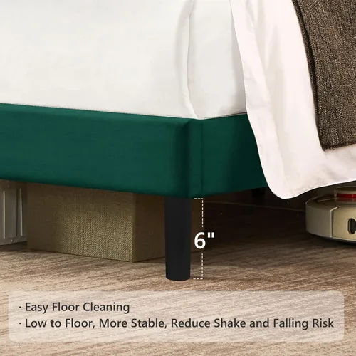 Vista 6 de Flolinda Base de cama de plataforma tamaño King con cabecera tapizada de terciopelo y soporte de listones de madera, base de colchón totalmente