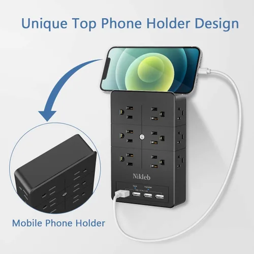 Vista 5 de Cargador de pared con protector de sobretensiones, regleta de alimentación con 12 tomas de corriente alterna anchas, bloques de carga USB de 4