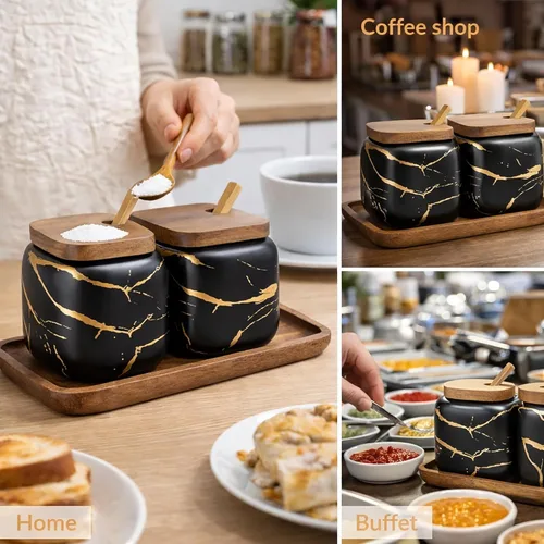 Vista 3 de 2 juegos de azucareros de cerámica de mármol, tarros de condimentos de cerámica con tapa de madera y cuchara de madera (negro)