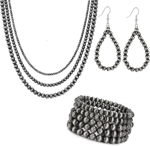 MOZAKA Juego de joyas occidentales para mujer, incluye collar de perlas navajo, estilo vaquera, estilo occidental, aretes y pulseras de perlas