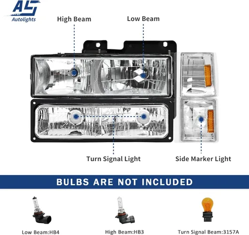 Vista 3 de Ensamble de faros AS Compatible con 1994 1995 1996 1997 1998 GMC C10 Pick Up Sierra Suburban Yukon Carcasa cromada con reflector ámbar Reemplazo