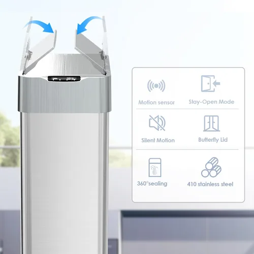 Vista 5 de TLSUNNY Cubo de basura automático de 21.1 galones, papelera de acero inoxidable con sensor de movimiento, papelera inteligente con tapa de mariposa