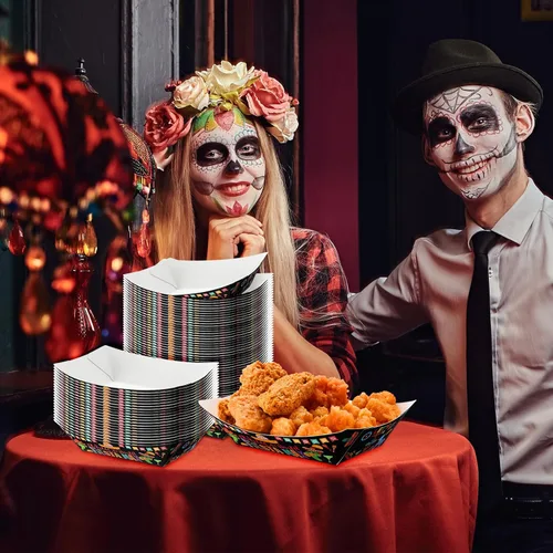 Vista 6 de Gejoy 100 bandejas de papel mexicano desechables de 2 libras, bandejas de Nacho para fiestas de tacos, botes de aperitivos, carnaval, contenedor