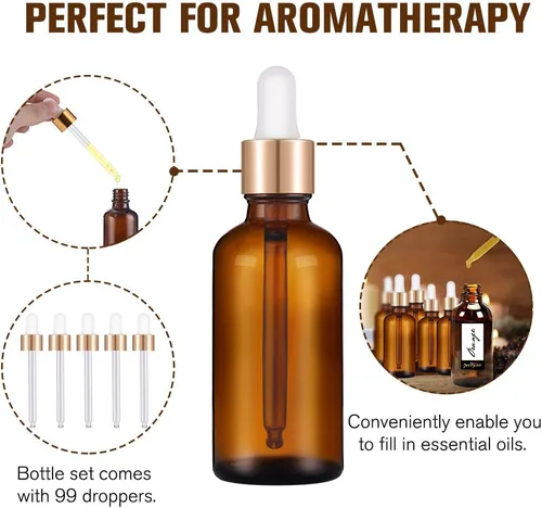 Vista 4 de PrettyCare Botellas con cuentagotas de vidrio para ojos de 2 onzas (2.1 onzas líquidas), paquete de 63 botellas gruesas vacías ámbar a granel