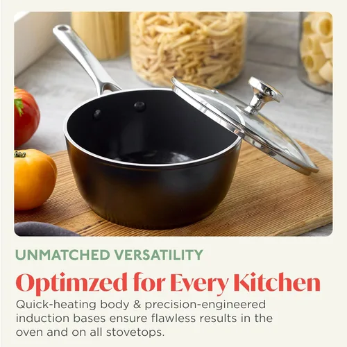 Vista 5 de Orfeo 2.4QT Cacerola antiadherente con tapa, fabricada en Italia, olla de cerámica de diamante sin PFAS, lista para inducción, resistente a