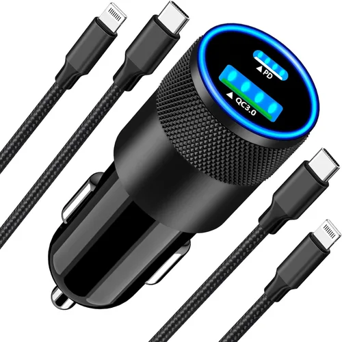 [Apple MFi Certified] iPhone Fast Car Charger, Rombica 52.5W USB-C PD&QC3.0 Car Power Cigarette Lighter USB Charger Adapter with 2Pack Lightning