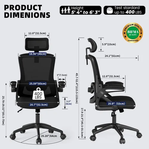 Vista 3 de Silla de Oficina Ergonómica, Silla de Escritorio con Soporte Lumbar Ajustable, Sillas de Computadora Cómodas de Malla Transpirable con Reposabrazos