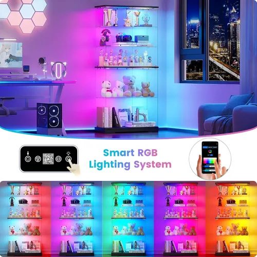 Vista 3 de Vitrina de cristal de 5 niveles con luz RGB y sensor de movimiento Negro