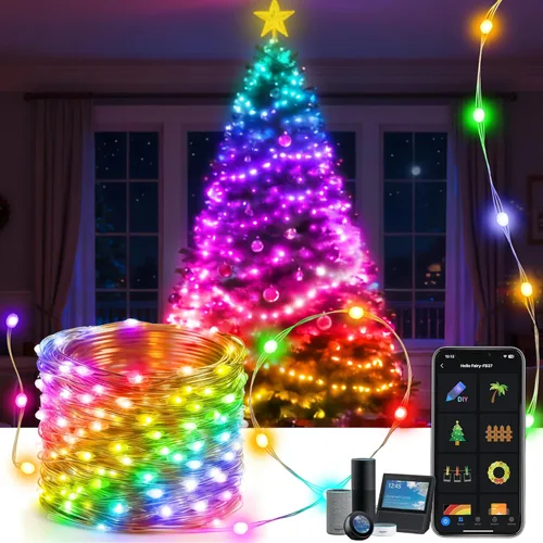 Aoycocr Luces inteligentes para árbol de Navidad con WiFi de 66 pies, 132 luces LED RGB controladas por voz Alexa con aplicación, sincronización de