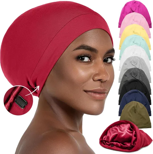 Vista 12 de CAPLORD Gorro de satén para dormir, envoltura de pelo rizado para hombres, gorros de seda ajustables para mujeres, gorro de seda para el cabello