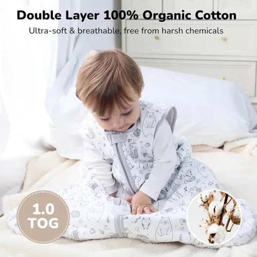 Vista 120 de Mama Cheetah Saco de dormir para bebé de 0.5 TOG, Manta portátil de algodón orgánico para bebé con cremallera bidireccional, Saco de dormir
