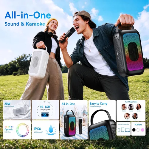 Vista 3 de Bobtot Altavoz Bluetooth portátil inalámbrico, 16 horas de reproducción, pequeños altavoces de karaoke con micrófono, sonido mágico, eco, modo