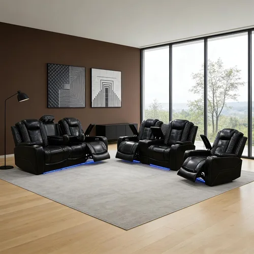 Vista 39 de Juego de sofá reclinable eléctrico para sala de estar, juego de sofá reclinable de pana con luces LED, puertos USB, almacenamiento oculto, juego