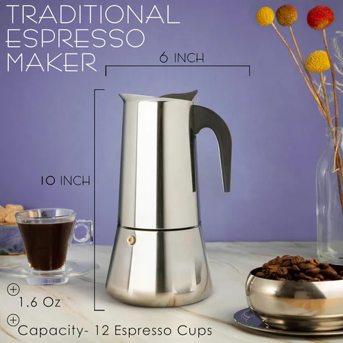 Vista 4 de Mixpresso Olla de café expreso Greca de 12 tazas, 20.3 fl oz/20 onzas, olla moka con diseño de percolador de café, cafetera de acero inoxidable