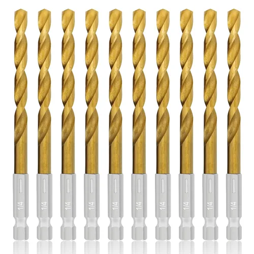 GMTOOLS juego de 10 brocas con vástago hexagonal de cambio rápido de 1/4 de pulgada, revestidas de titanio, brocas de impacto HSS de 135 grados con