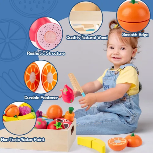 Vista 2 de 32 piezas de juegos de comida de madera para accesorios de cocina de niños, juguetes educativos Montessori de alimentos, juego de simulación