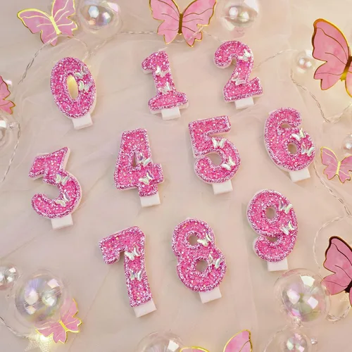 Vista 2 de Velas de cumpleaños, velas de números para pasteles de cumpleaños con mariposa, velas de cumpleaños rosas, velas de pastel de 3.2 pulgadas