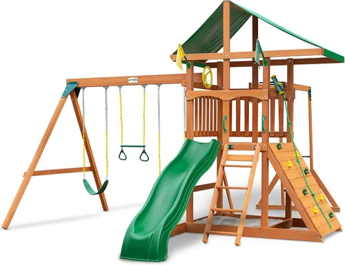 Vista 3 de Gorilla Playsets 01-1082 Avalon - Juego de columpios de madera con techo de vinilo verde de gran tamaño, barras de mono, pared de escalada