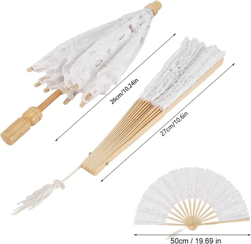 Vista 7 de Paraguas de encaje + ventilador plegable decorativo, sombrillas de boda para novia, con mango de madera, para dama, mujer, decoración de fiesta