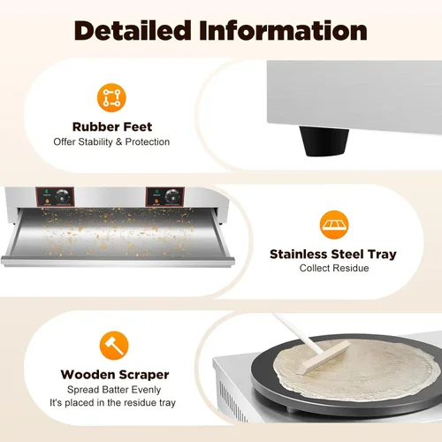 Vista 8 de Máquina eléctrica de crepas, 3400 W, bandeja para crepé, plancha comercial para panqueques con esparcidor, platos calientes antiadherentes de 15.7