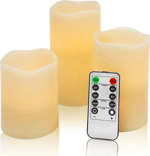 JUNPEI - Juego de 3 velas LED parpadeantes de pilas, sin llama, color marfil, cera real, control remoto y temporizador para decoración de Navidad,