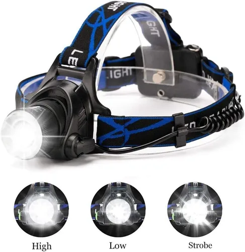 Vista 2 de Linterna frontal LED impermeable ultra brillante de 3000 lúmenes, 3 modos con pilas AAA, paquete de 2