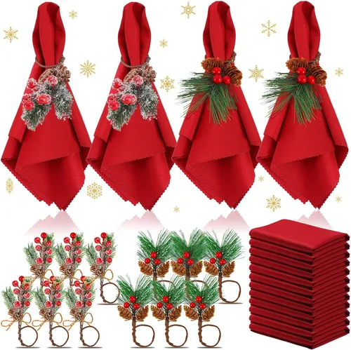Vista 9 de Sliner Juego de 24 servilletas y anillos de Navidad, 12 servilletas de Navidad lavables de color rojo y 12 servilleteros de Navidad para cenas