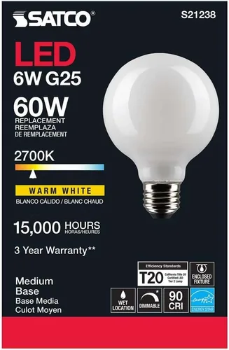 Vista 5 de Satco 6Pk 6w G25 Globo Filamento LED 2700K E26 Base Blanco Regulable - 60W Equiv