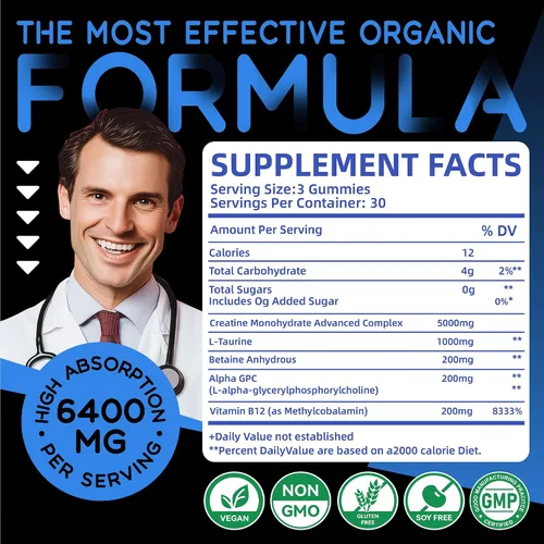 Vista 4 de Complejo de gomitas de monohidrato de creatina para hombres y mujeres, fórmula avanzada con L-taurina + vitamina B12, suplemento masticable sin